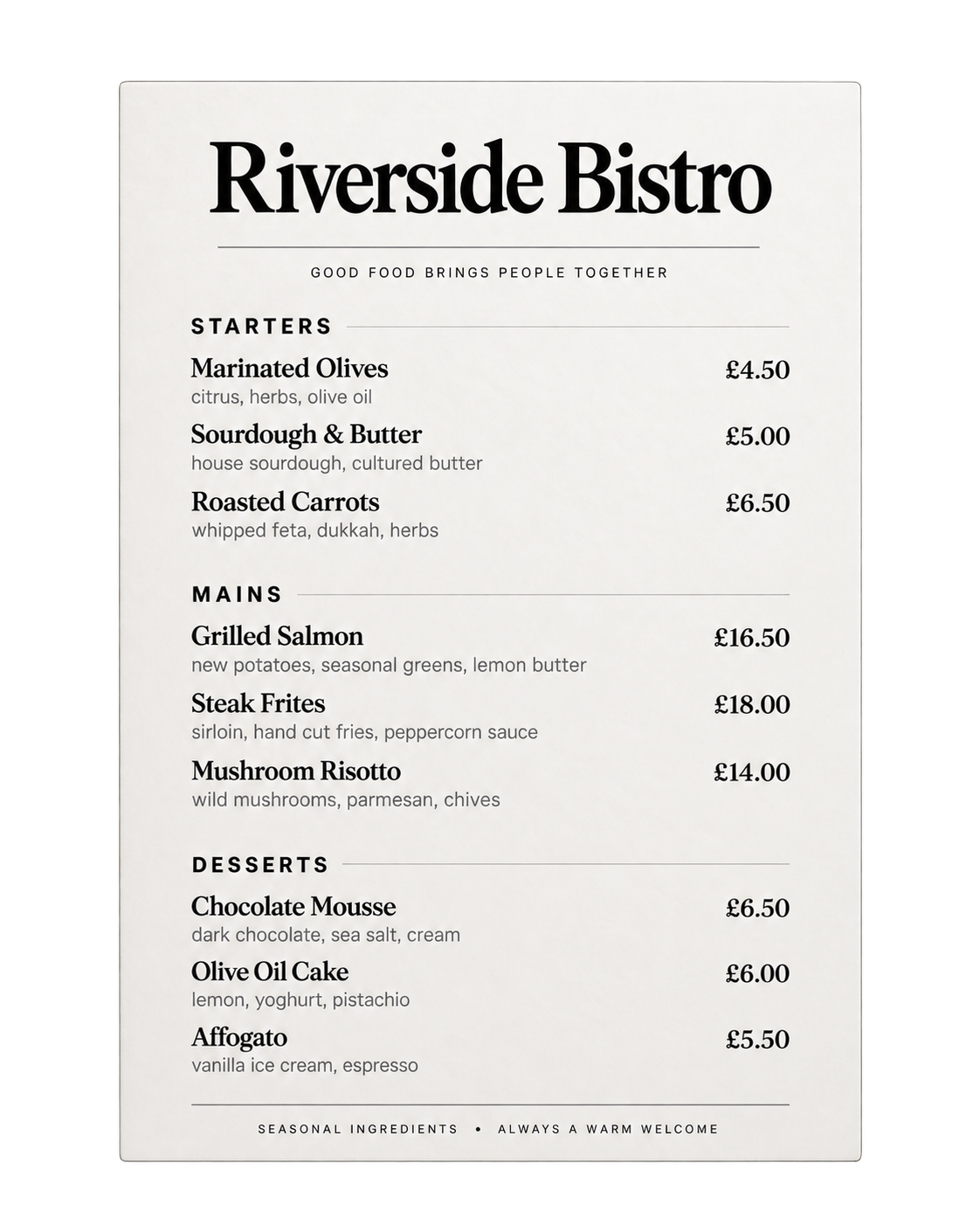 Riverside Bistro printed restaurant menu