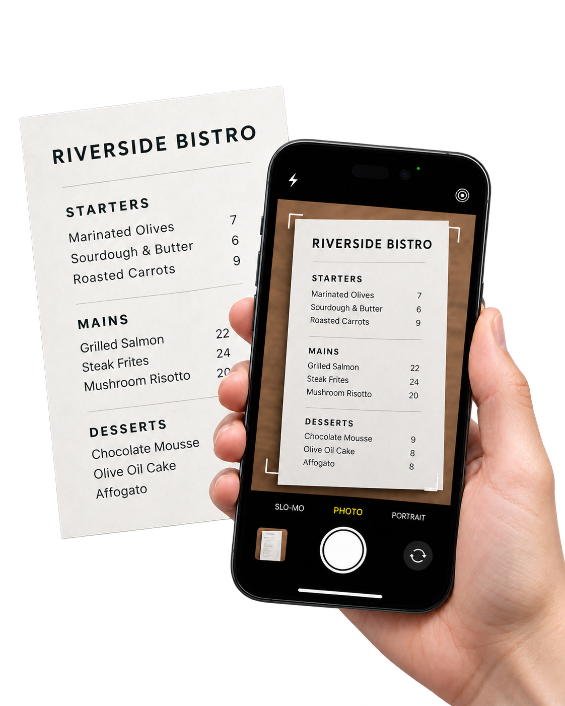 A hand photographing a paper menu with a phone