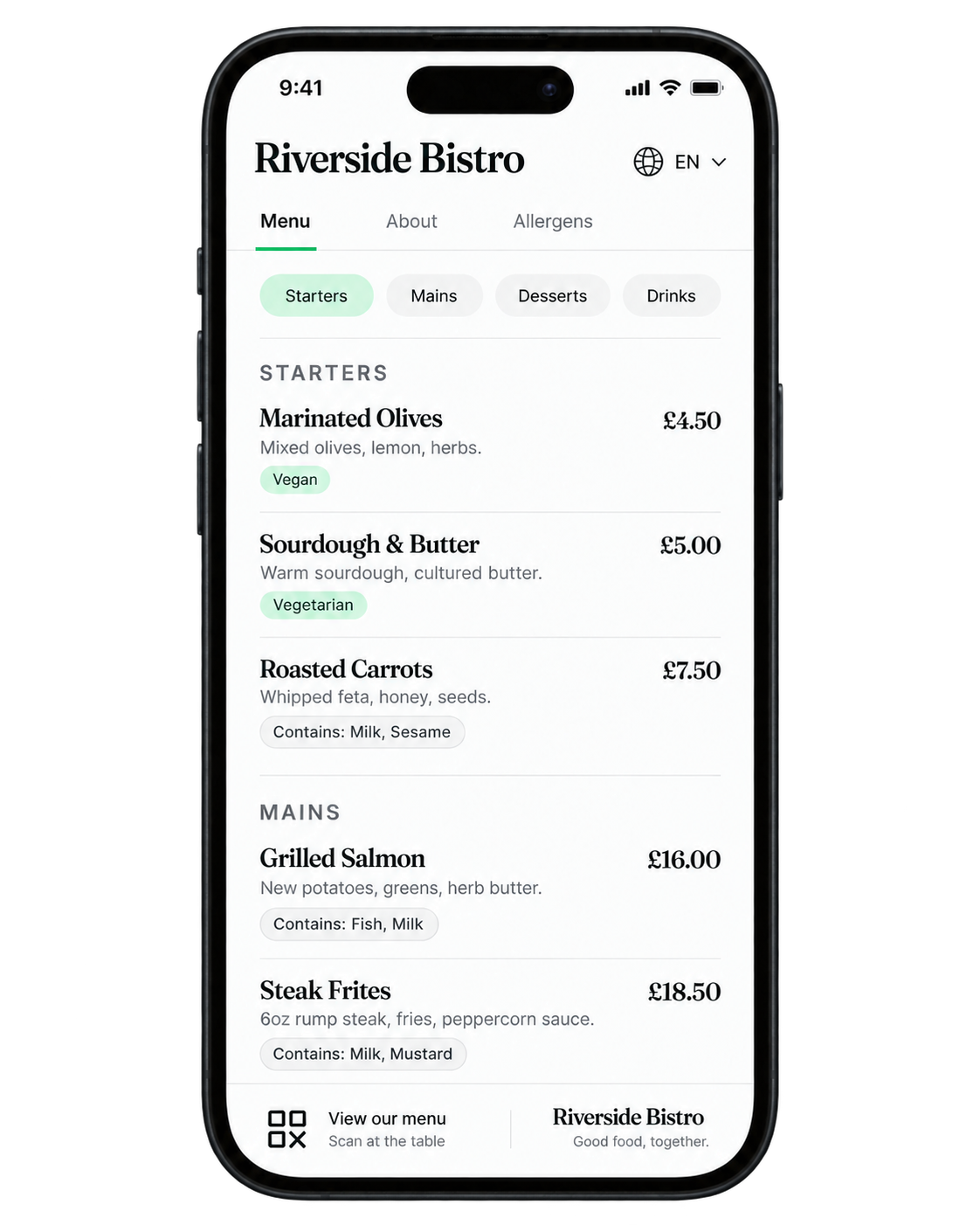 Riverside Bistro online menu on a phone