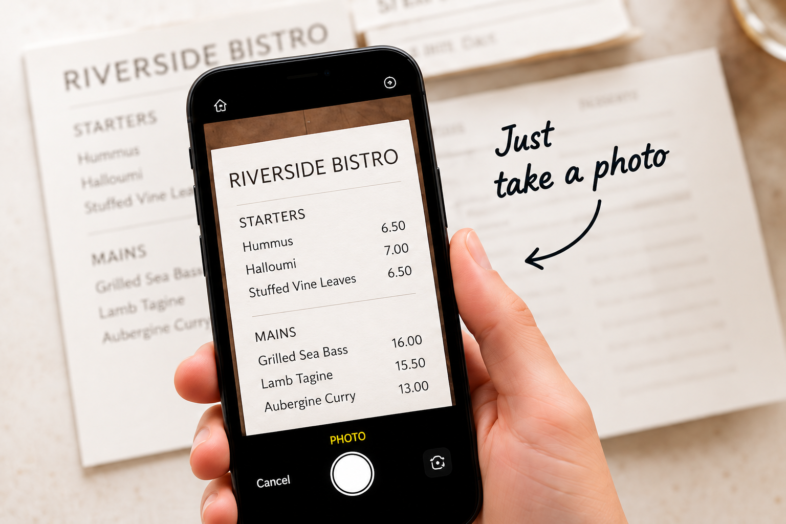 Photographing the Riverside Bistro menu